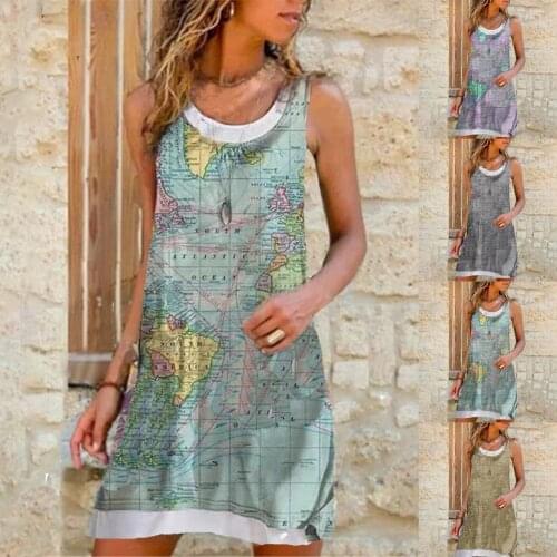 Summer Casual Women Dress Map Print Fake Two Piece Summer Round Neck Sleeveless Dress Party Dress Elegant Clothes 2021 for Datin