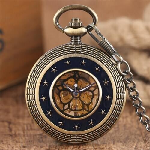 Retro Mechanical Pocket Watch Hollow Epoxy Stars Circle Transparent Flower Face Pendant Chain Creative Men Women Birthday Gifts