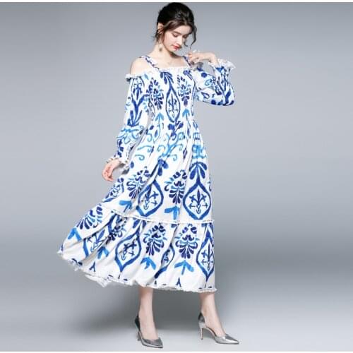 Menahem 2021 Fashion Blue and White Porcelain Printed Tassel Dress Women Off Shoulder Lantern Sleeve Strap Beach Long Vestidos