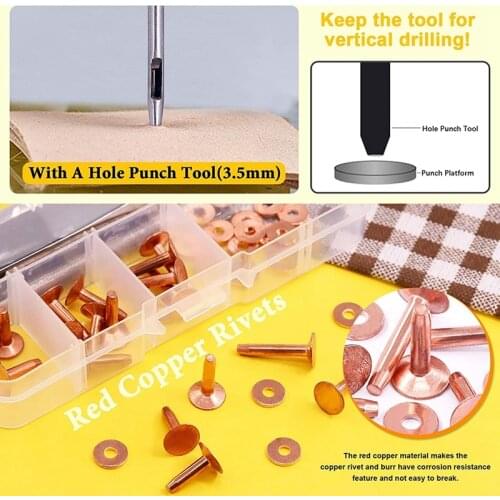 Hot 20 Pcs Red Copper Rivet Set with Stainless Steel Burr Setter and Hole Punch Cutter Cooper Fastener and Setting Kit