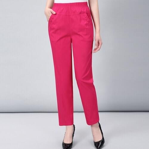 2020 New Middle-aged Womens Pants Mother Spring Summer High Waist Pants Large Size Loose Cotton Casual Elasticity Trousers R184