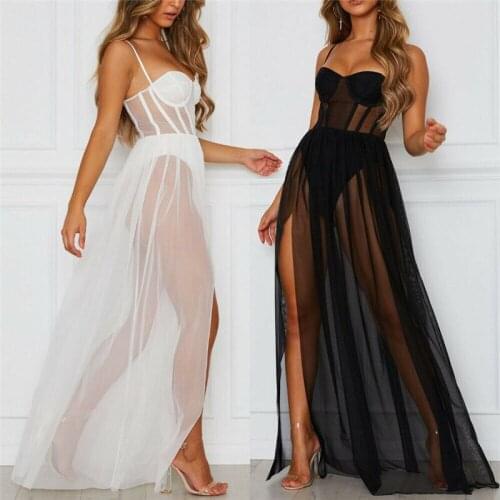 New Sexy Women Lace Dress Sexy Perspective Mesh Gauze Sleeveless Bodysuit Backless Long Dress 2Pcs Suit Sleepwear