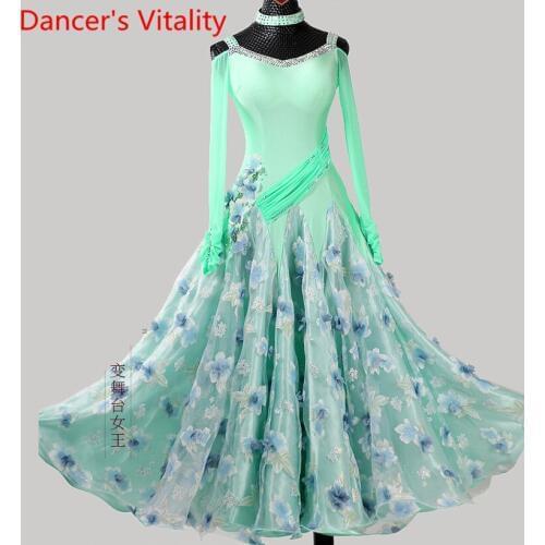 New Modern Dance Performance Costume Slap-up Floral Diamond Dress Waltz National Standard Dancing Performance Practice Suit
