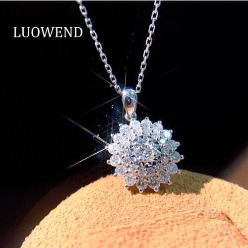 LUOWEND 100% Real 18K White Gold Necklace Sunflower Halo Design Diamond Pendant Necklace for Women Proposal Gift