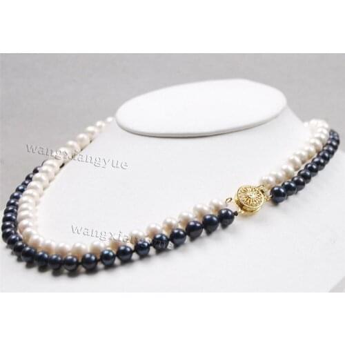 Genuine 2Rows 7-8mm Black /White Akoya Cultured Pearl Fashion Jewelry Necklace >Dongguan girl Store free shipping