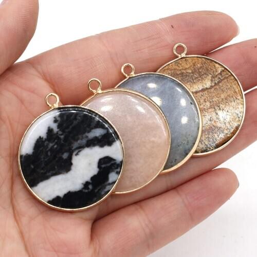 Natural Stone Disc Shape Crystal Quartz Pendant Charms Labradorite Pendants for Jewelry Making DIY Necklace Earring Size 30x35mm