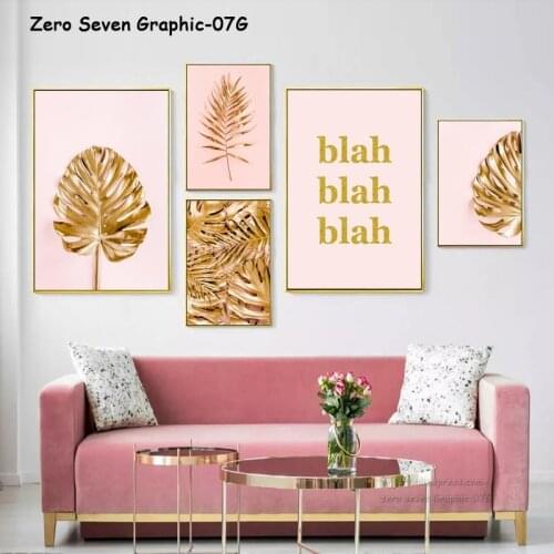 Nordic Golden Plant Palm Leaf Monstera Pink Background Picture Canvas Poster Prints Wall Art Decoration For Living Room