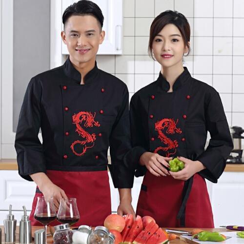 Chinese style long-sleeved Chef service Embroidered dragon Hotel working wear Restaurant work clothes Tooling uniform cook Tops