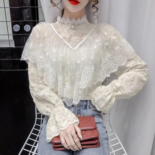 Chic Lace Blouse Womens Spring 2021 New Long Sleeved Lace Hollow Wood Ears Crocheted Lace Shirt Niche Self Cultivation Tops