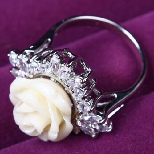 Stylish Flower Silver Color Zircon Ring Artificial Coral Rose Shaped Women Jewelry Fashion Gift