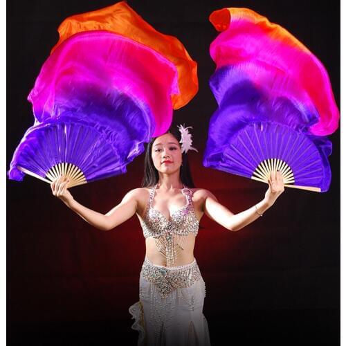 2018 1 pair(left+right) 100% Real silk belly dance fan veil Blue/Dark Blue 1.8m 20 Colour