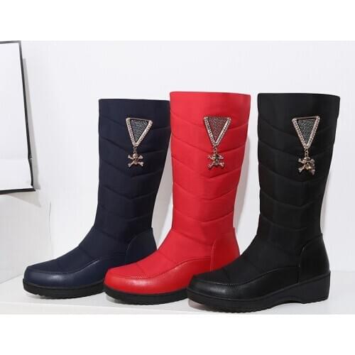 YMECHIC Black Red Blue Crystal Metal Decor Winter Mid Calf Snow Boots Women Warm Plush Down Cotton Chunky Heels Female Shoes