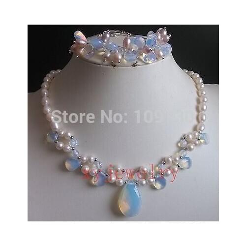 Jewelry 00810 beautiful cultured white pink pearl necklace & opal necklace bracelet set