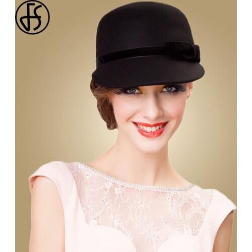 FS Black Wide Brim Felt Hat Australian Wool Fedora Hats For Women Ladies Cloche Bowler Caps Derby Church Hats Chapeau Femme