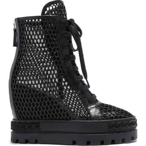 2021 Woman Black Mesh Sandal Summer Patchwork High Top Sneakers Height Increasing Thick Sole Platform Wedge Short Boots