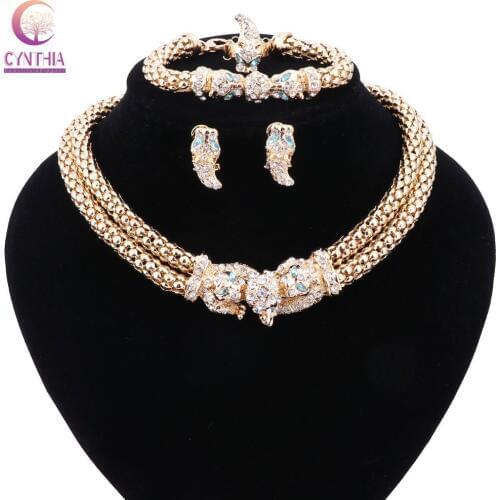 Gold color Blue Crystal Jewelry Sets For Women with earrings statement necklace for party Trendy necklace