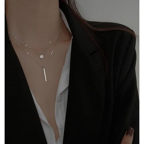 925 Sterling Silver Double layer Necklace Round Shiny Full Zircon Long pendant Necklaces Gift For Girl Fine Accessories NK062