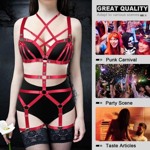 Women Erotic Lingerie Pole Dance Dress Sexy Full Body Bondage Harness Set Cage Bra Punk Gothic Leg Harness Stockings Garter Belt