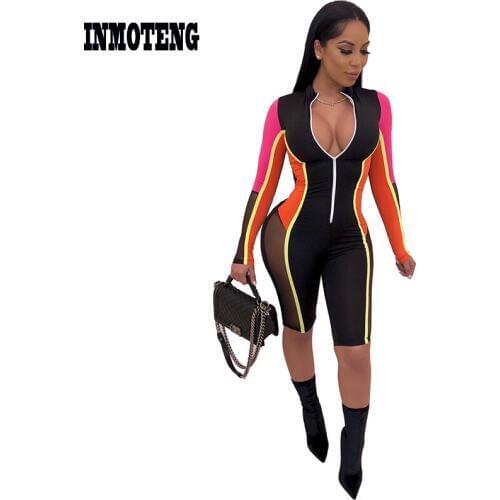 INMOTENG Black Mesh V Neck One Piece Skinny Bodysuit Sexy Women See Through Long Sleeve Colorful Jumpsuit Plus Size Club Rompers