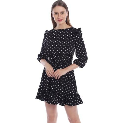 Womens Retro O-neck Commuter Dress Casual Polka Dot Printed A-line Mini Skirts Party Summer Long Sleeve Short Dress