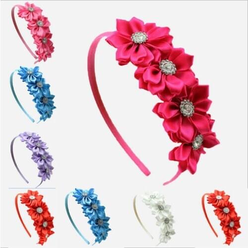 1 Pcs Satin Ribbon Flowers Rhinestones Hairbands Hair Hoop Girls Head Band Children Headwear Hair Accessories Hairband