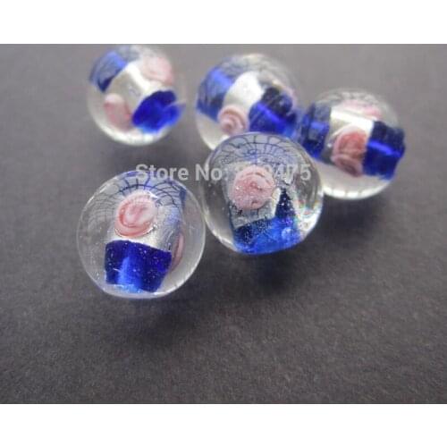 20Pieces/Lot 12mm Lampwork Glass Beads Flower With White Foil Royal Blue Color for jewelry making