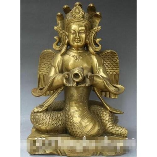 8" Old Chinese Bronze 5-Heads Snake Naga Kanya Tara Buddha Hold Shell Statue
