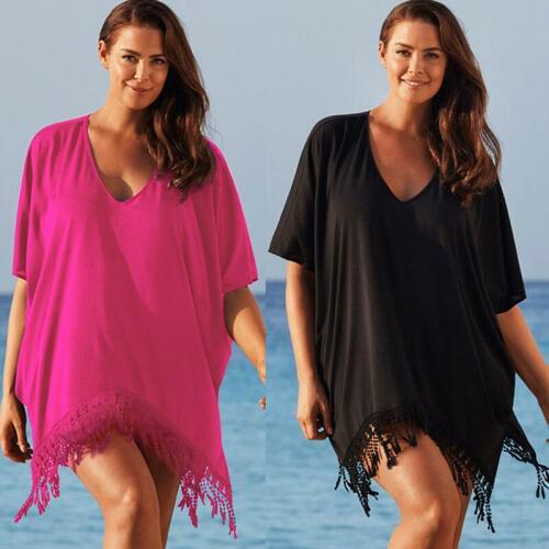 Women Tassel Swimwear Bikini Cover Up Beach Wear Kaftan Loose Dress Plus Size
