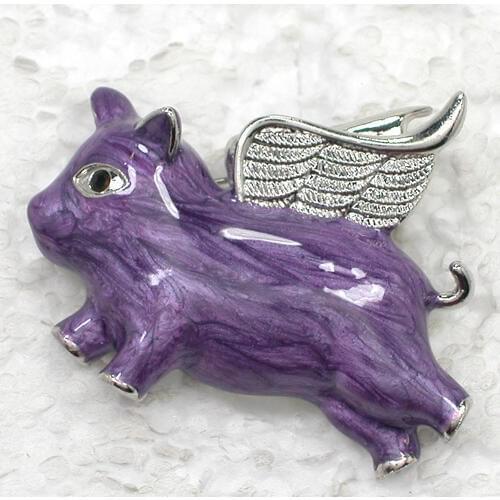 Purple Enamel Black Rhinestone Angel Pig Pin brooches C2024-A D