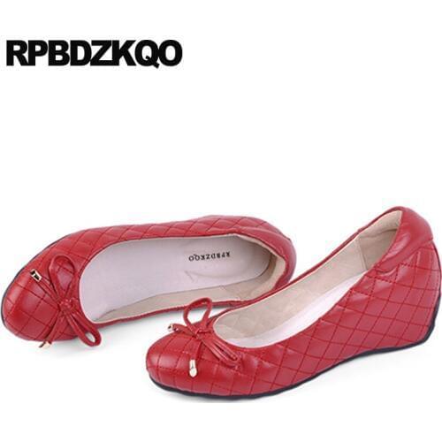 Bow High Heels Office Wedge Shoes Ladies Designer Size 4 34 Formal Red 33 Hidden Genuine Leather Pumps Round Toe Fashion Cute