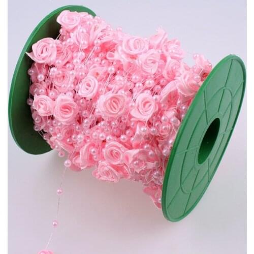 2 Yards Fish Line Artificial Imitation Pearls Rose Flower Chain Garland DIY Wedding Decoration Bride Hair Bouquet Dress Decor