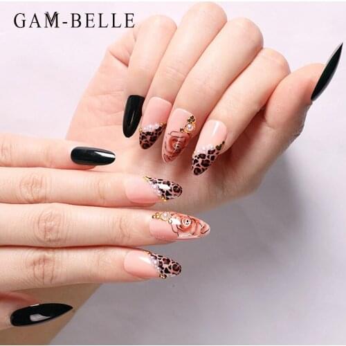 GAM-BELLE Leopard Rose Pattern Fake Nails with 3D Designs French Long Oval Full Cover False Press On Nails Art Decoration