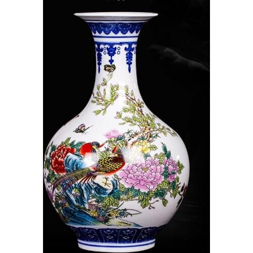Modern Blue and White Bamboo Peony Flower Bird Design Ceramic Vase Handpaint Home Decoration insert Craft