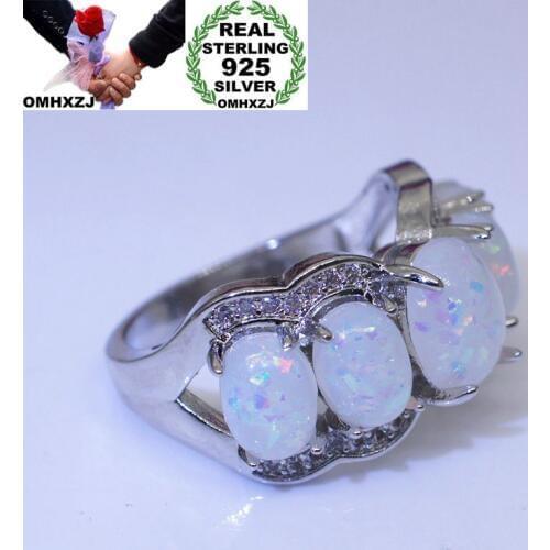 OMHXZJ Wholesale European Fashion Woman Man Party Wedding Gift Silver White Oval Opal 925 Sterling Silver Ring RR62