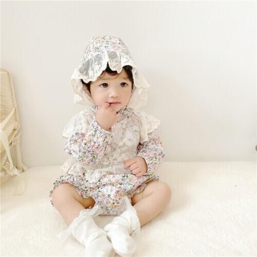 2021 New Spring Baby Clothes Ins Small Floral Baby Long-Sleeved Romper Two-piece Suit Little Princess Girls Lace Romper+Hat Set