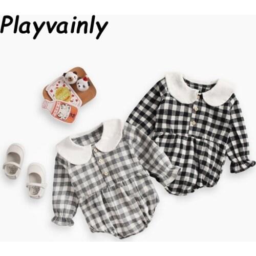 2020 Autumn New Baby Bodysuit Long Sleeve Plaid Peter Pan Collar Thick Baby Romper New Born Baby Clothes 0-3Y E8161