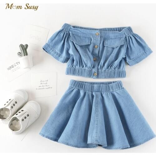 Baby Girl Clothes Set Cotton Infant Toddler Girls Jean Shirt Offshoulder+Denim Skirt 2PCS Summer Clothing sets Outfit 1-7Y