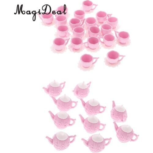 MagiDeal Hot Sale 10Set Dollhouse Miniature Plastic Pink Tea Pot with 2 Cups Tableware Accs for Kids Pretend Role Play Game Toy