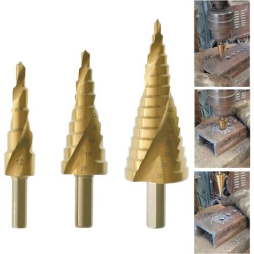 M89B 3 Pieces Golden Titanium-Coated Triangle Shank Step Drill Bit Set with Box for Perforated Metal Iron Aluminum Brass
