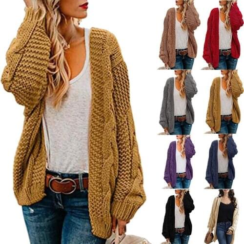2021 spring and autumn new thick needle twist knit cardigan womens mid-length solid color casual loose coat cardigan