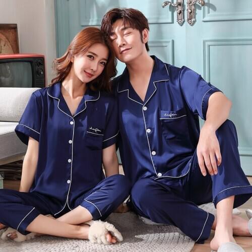 Navy Blue Couples Pajama summer Short sleeve Silk Satin Sleepwear Pyjamas Men And Women match lovers Lounge Pajamas Set
