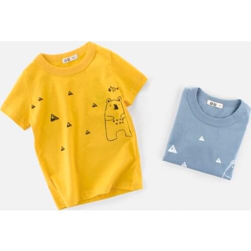 Korea Style Cotton Simple T-shirt for Unisex Kids Children Bear Summer T-shirt Blue Yellow For 2-7 Years Old