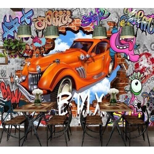 Drop Shipping Custom 3D Wallpaper Mural Nostalgic Vogue Dynamic Fashion Graffiti Brick Wall Car Bar Restaurant Wall Painting