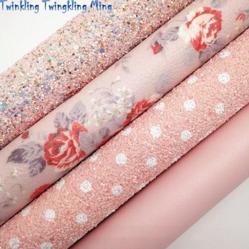 Pink Glitter leather, Polka Dots Printed Glitter Fabric, Flowers Printed Faux Leather For Bow A4 21x29CM Twinkling Ming KM217