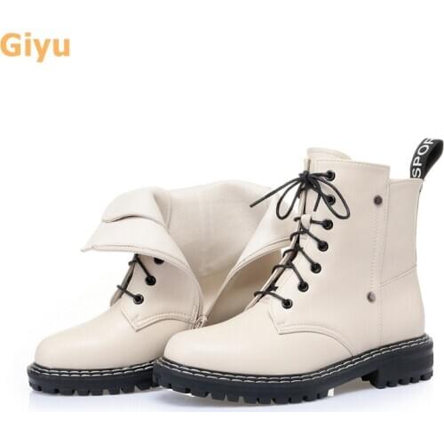 Comfortable low heel Martin boots 2020 new fashion autumn boots Winter wool booties Genuine Leather Large size ankle boots 35-43