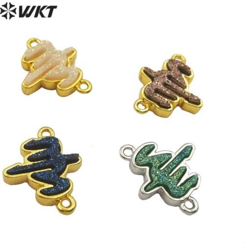 WT-C289 WKT Natural Stone Connector Druzy Quartz Cactus Pendant Gold Electroplated Connector Druzy Quartz Trendy Jewerly Making