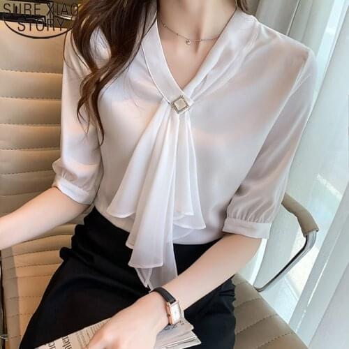 2021 Summer Chiffon Shirt Women Blouse Elegant Office Lady Bow Tie Ruffled Tops Short Sleeve V-neck Clothes Blusas Mujer 15120
