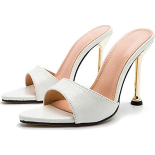 Summer tip cool slipper woman new stone grain one word super high heel sandal sexy club thin heel cool drag