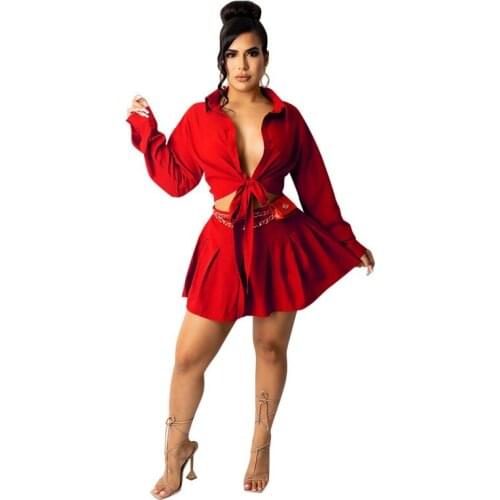 Two-Piece Long-Sleeved Shirt + Mini Skirt Autumn Casual Womens Fashion Pleated Skirt Ladies Slim Solid Color Short Skirt Suit