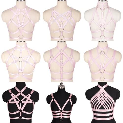 Pink Lingerie Harness Pastel Goth Punk Cupless Top Cage Strap Cosplay Party Bondage Chest Bodysuit Women Plus Size Bralette